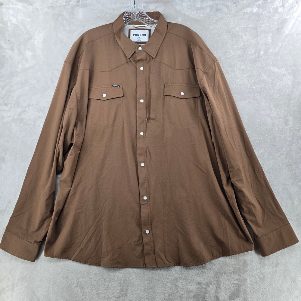 Poncho Western Shirt Mens XXL Brown Pearl Snap Long Sleeve Stretch Fishing